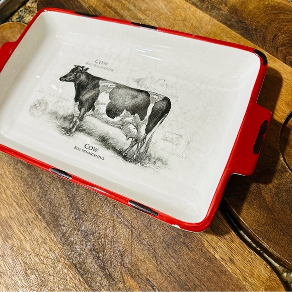 FARMHOUSE Red and White Serving platter with Vintage Cow Design white black red - Picture 5 of 8